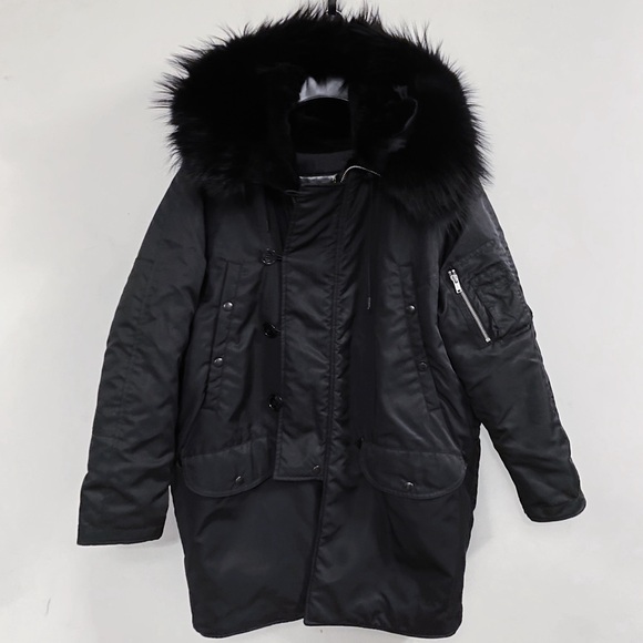 R13 Black Nylon Leather Fox Fur Oversized Puffer Bomber Jacket